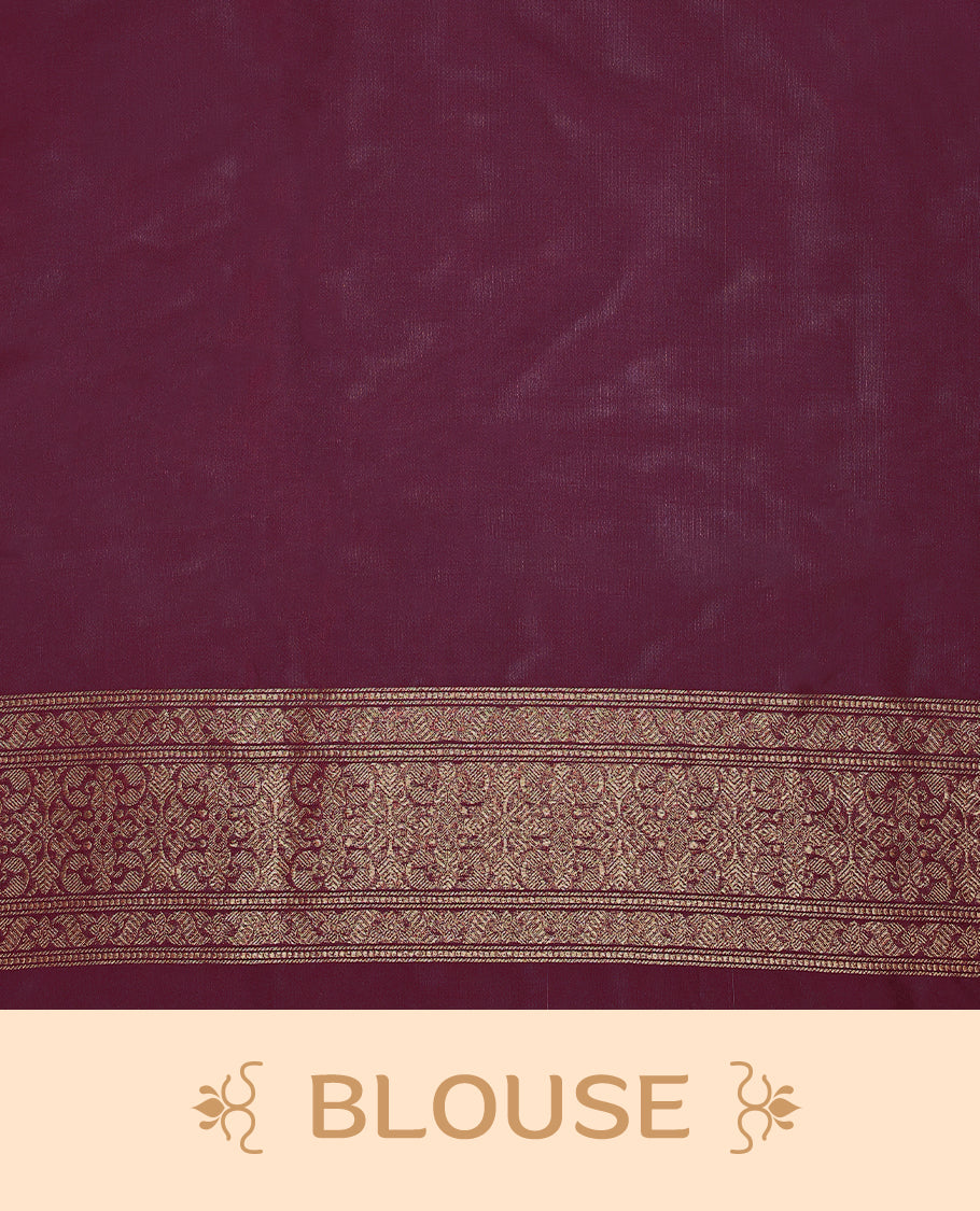 Grape colour semi Banaras Katan saree featuring an antique Gold zari jacquard body, complemented by a self colour traditional border with a floral kodi design, paired with a matching blouse