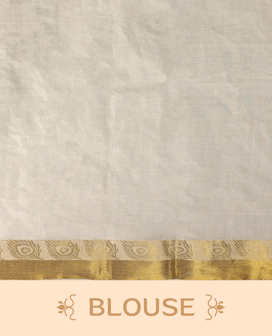 Elegant off white cotton Kerala saree adorned with vibrant multicolor leaf motifs, highlighted by a rich golden zari border and pallu paired with matching blouse.
