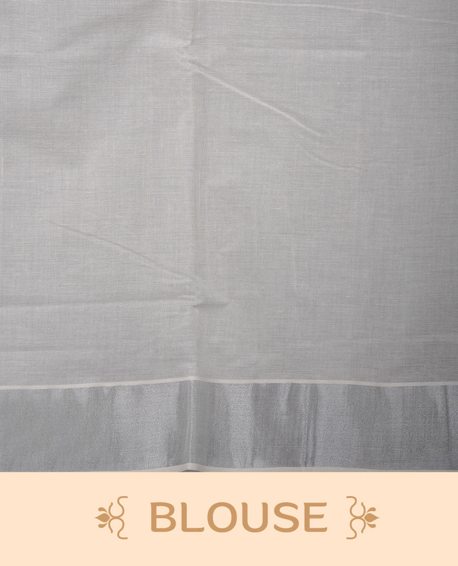 Off-white colour cotton Kerala saree featuring a subtle silver-toned border, adorned with delicate black leafy motifs across the body and pallu, and paired with a matching blouse.