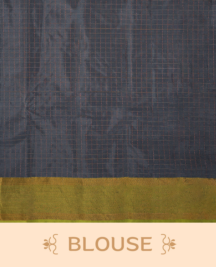 Charcoal grey Colour semi silk saree features a subtle copper zari check pattern, beautifully accented with a copper & olive green border, and comes with a matching blouse
