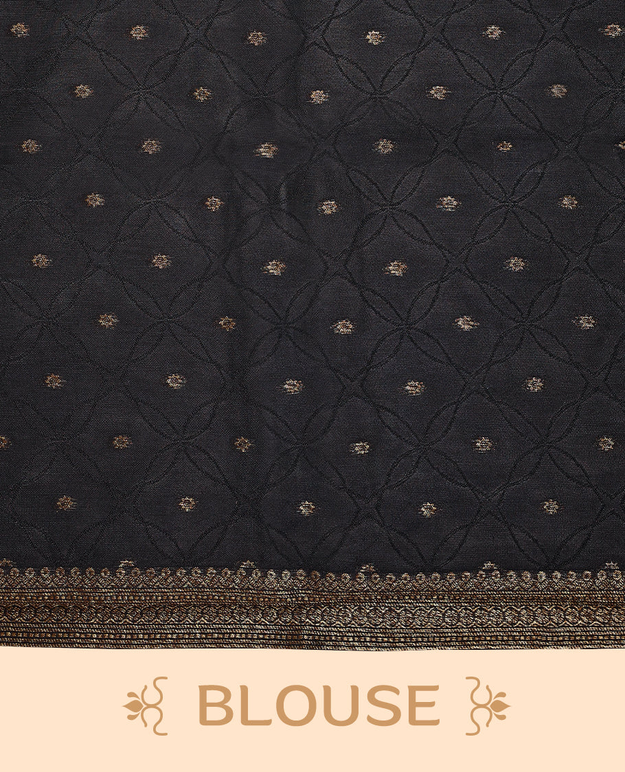Grey and dark blue double shade semi Banaras Tussar Georgette saree adorned with elegant antique gold zari floral motifs across the body, featuring a detailed woven border and grand pallu, paired with a matching blouse piece.