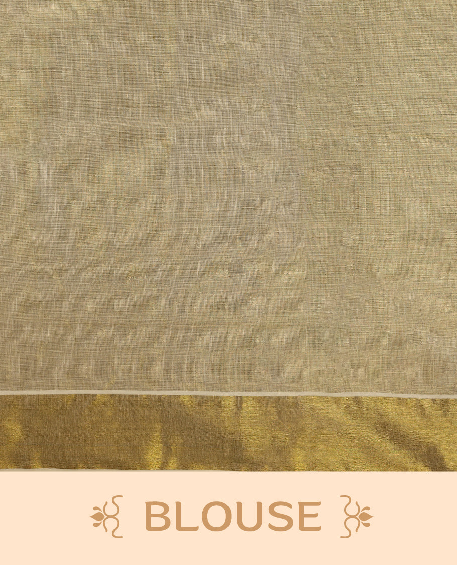 Light Gold colour Tissue Kerala saree featuring Orange and white Colour Floral thread work on body and a beautifully woven Gold Kasavu border, paired with a matching blouse perfect for festive occasions.