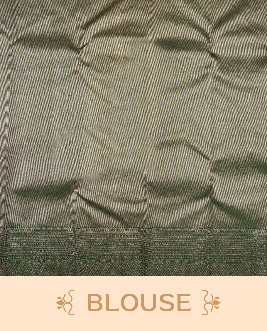 Bottle green colour Kanchipuram pattern Manthrakodi saree featuring kodi floral antique zari jacquard all over, geometric turning border and self zari blouse piece.