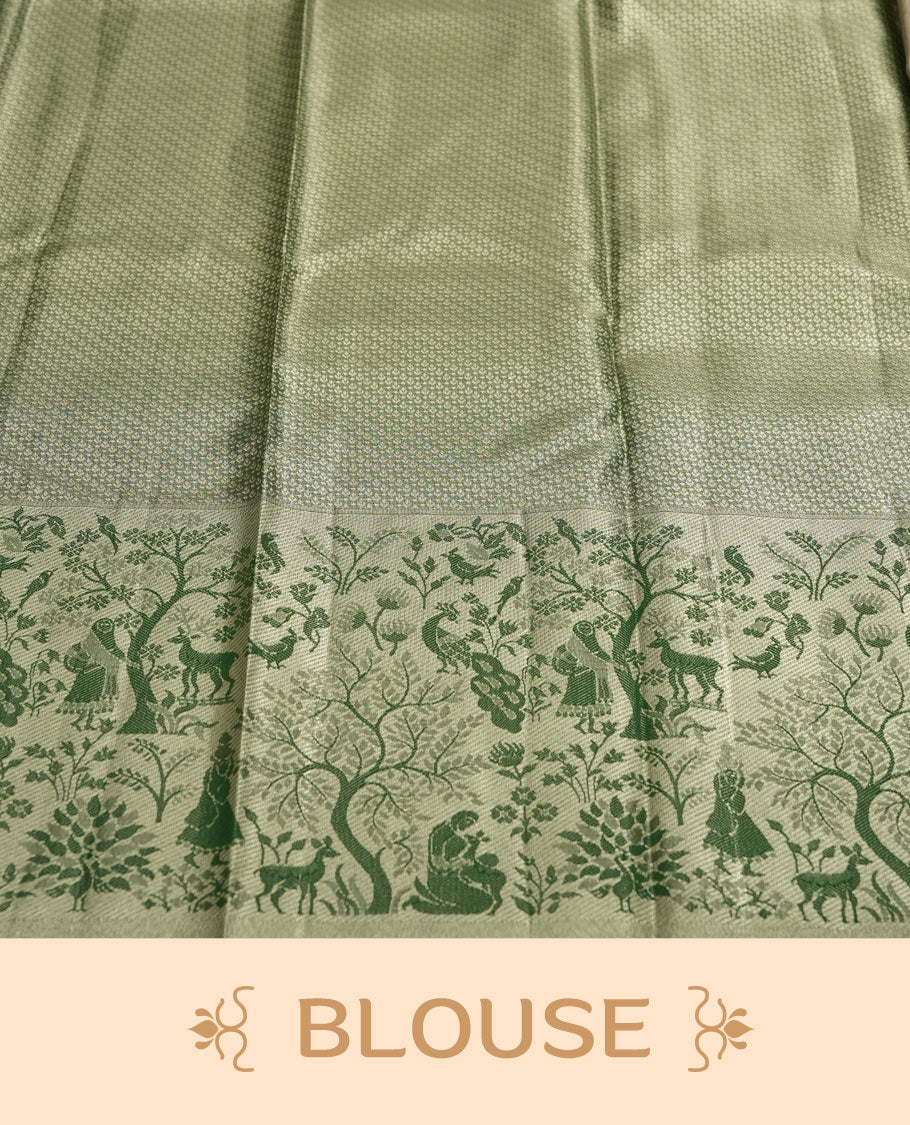 Light Green Tissue Saree, Forest Animal Print with Birds and Deer, Green and Maroon Printed Border, Green Leaf Motifs on Cream Pallu, with Matching Blouse
