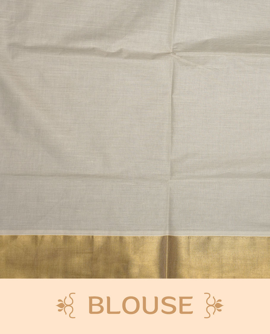 Off-white cotton Kerala saree with subtle gold zari buttas, a broad kasavu border, and a richly woven traditional pallu with paisley motifs. Paired with a matching plain blouse