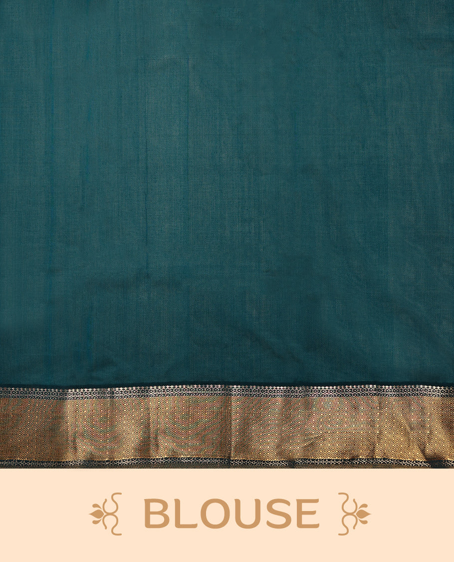 Peacock Blue colour Maheshwari Cotton saree featuring Antique Zari bindi Patterns across the entire body, complemented by a traditional Gold Zari border & Pallu, with a matching blouse.