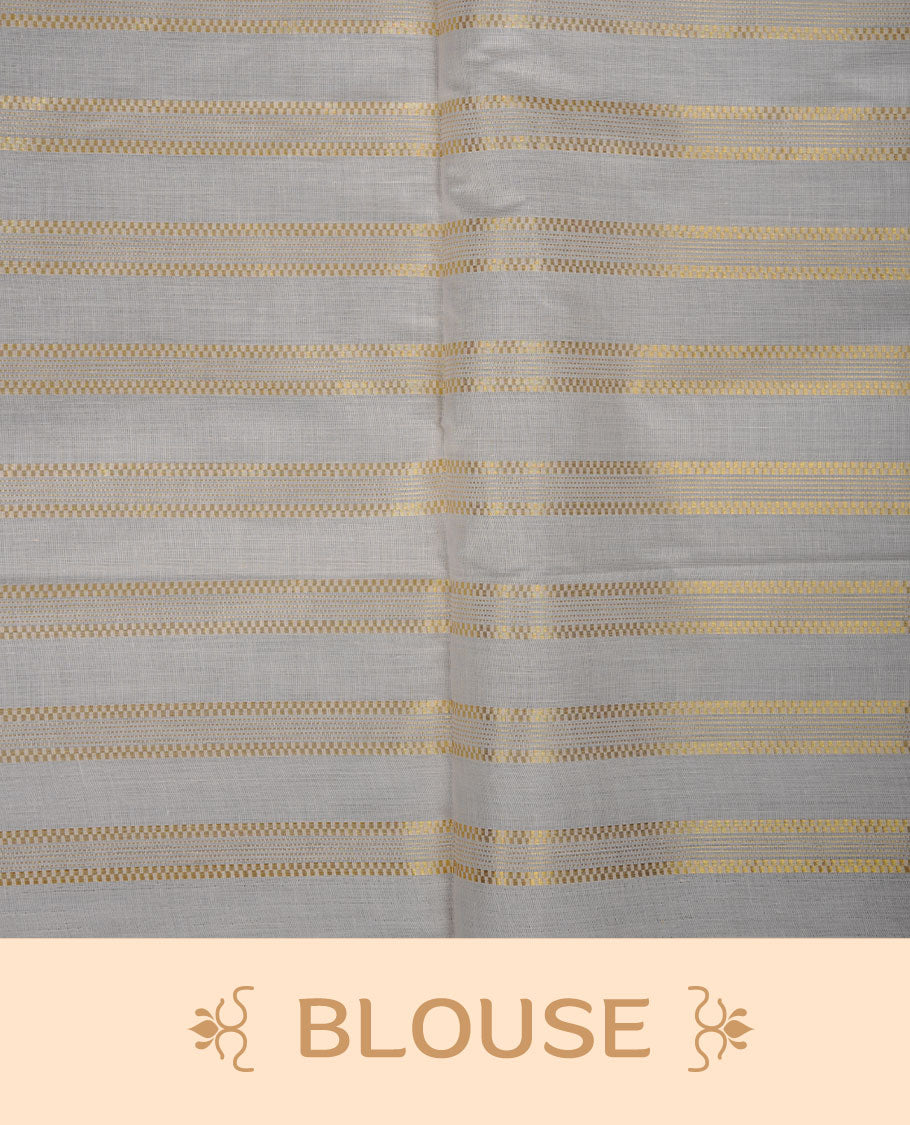 Off-white colour cotton Kerala saree featuring subtle gold zari stripe detailing across the body, finished with elegant tassels on the pallu, and paired with a matching blouse.