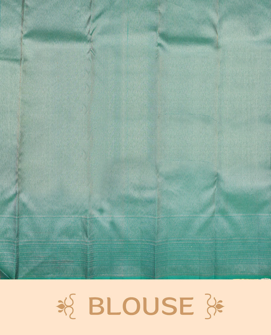 Peacock blue colour Kanchipuram pattern Manthrakodi saree with double pattern zari jacquard body, antique zari floral design, vertical oosi lines with diamond motifs, elegant zari border, and self jacquard blouse piece.