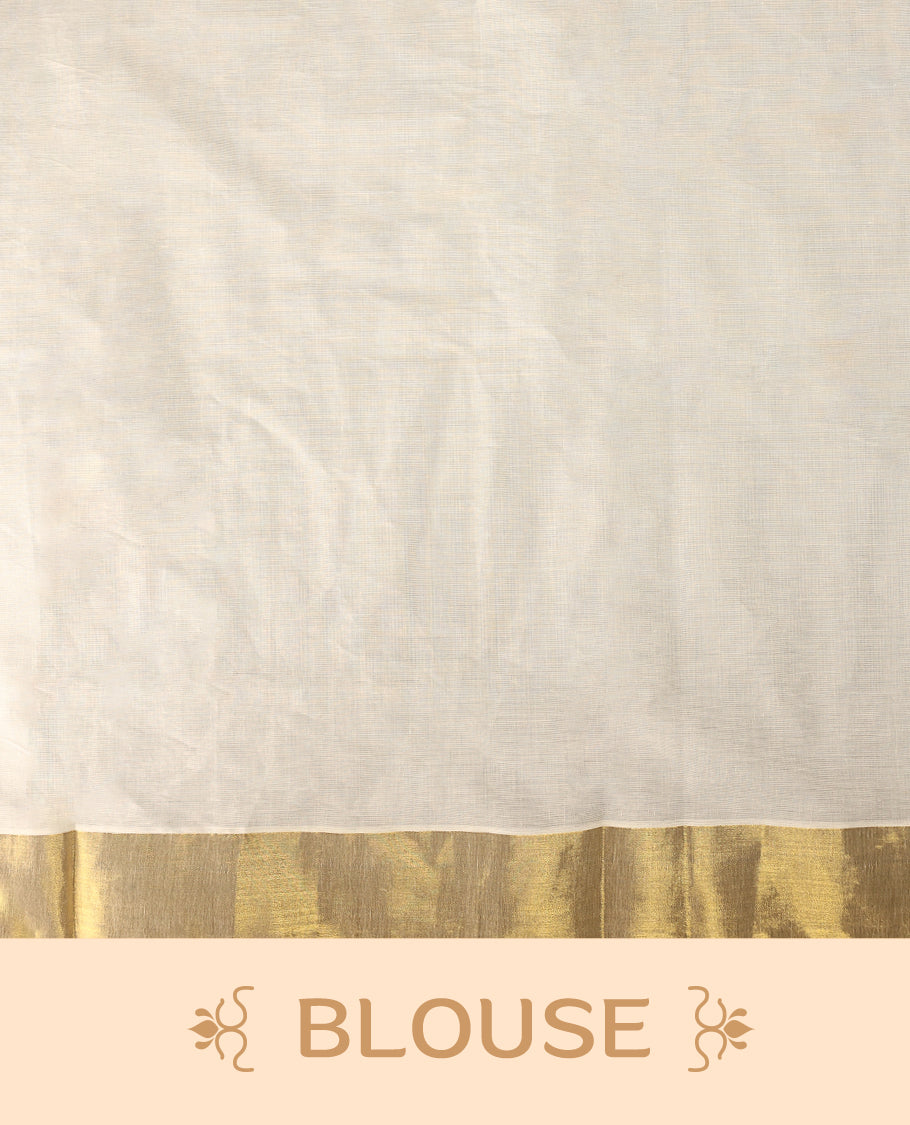 Elegant off white Kerala cotton saree featuring Kerala’s traditional cultural and scenic digital prints, beautifully enhanced with a classic golden zari border paired with a matching blouse.