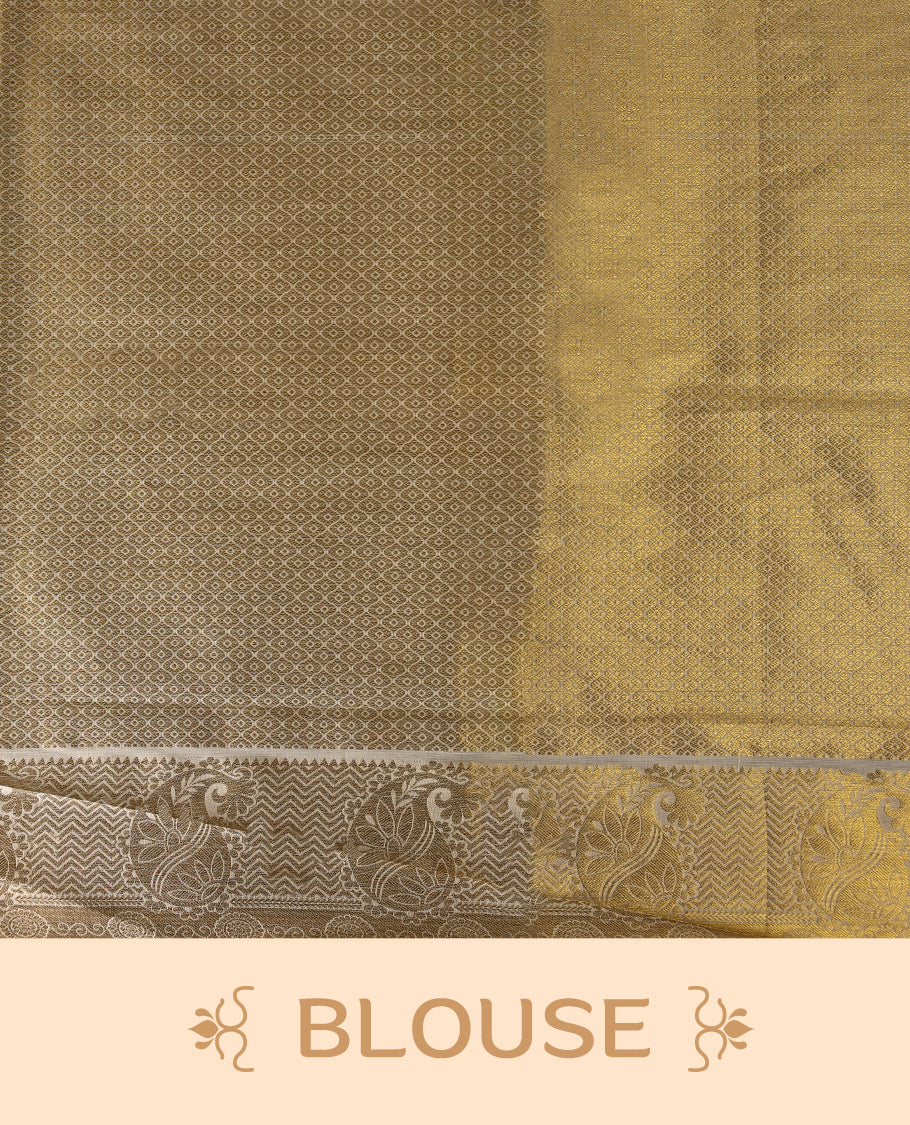 Elegant off white colour soft cotton Kerala saree featuring golden paisley and floral motifs in diagonal stripes, enhanced by a rich golden pallu with tassels, paired with a matching blouse, perfect for traditional and festive occasions.