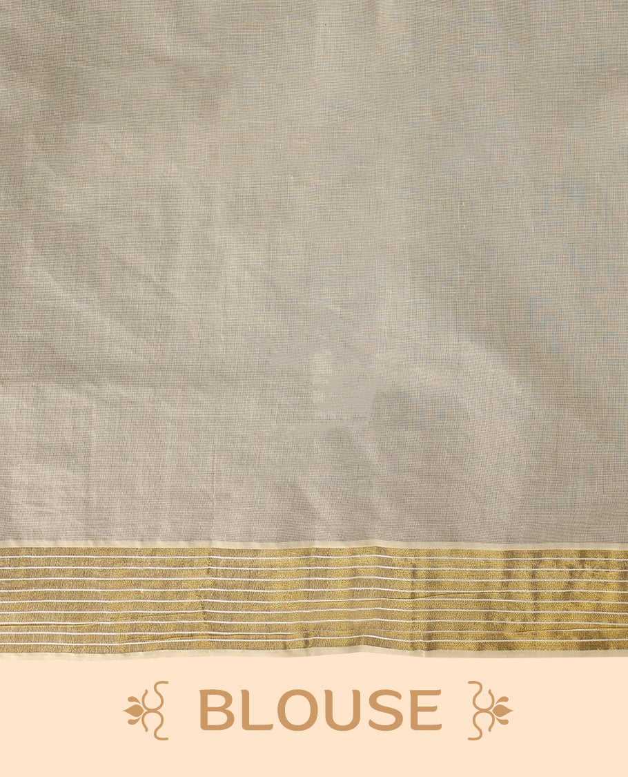 Elegant off white colour cotton Kerala saree featuring peacock feather prints on body, Gold  kasavu border with  Lord Vishnu, offering a classic and graceful look, paired with a matching blouse.