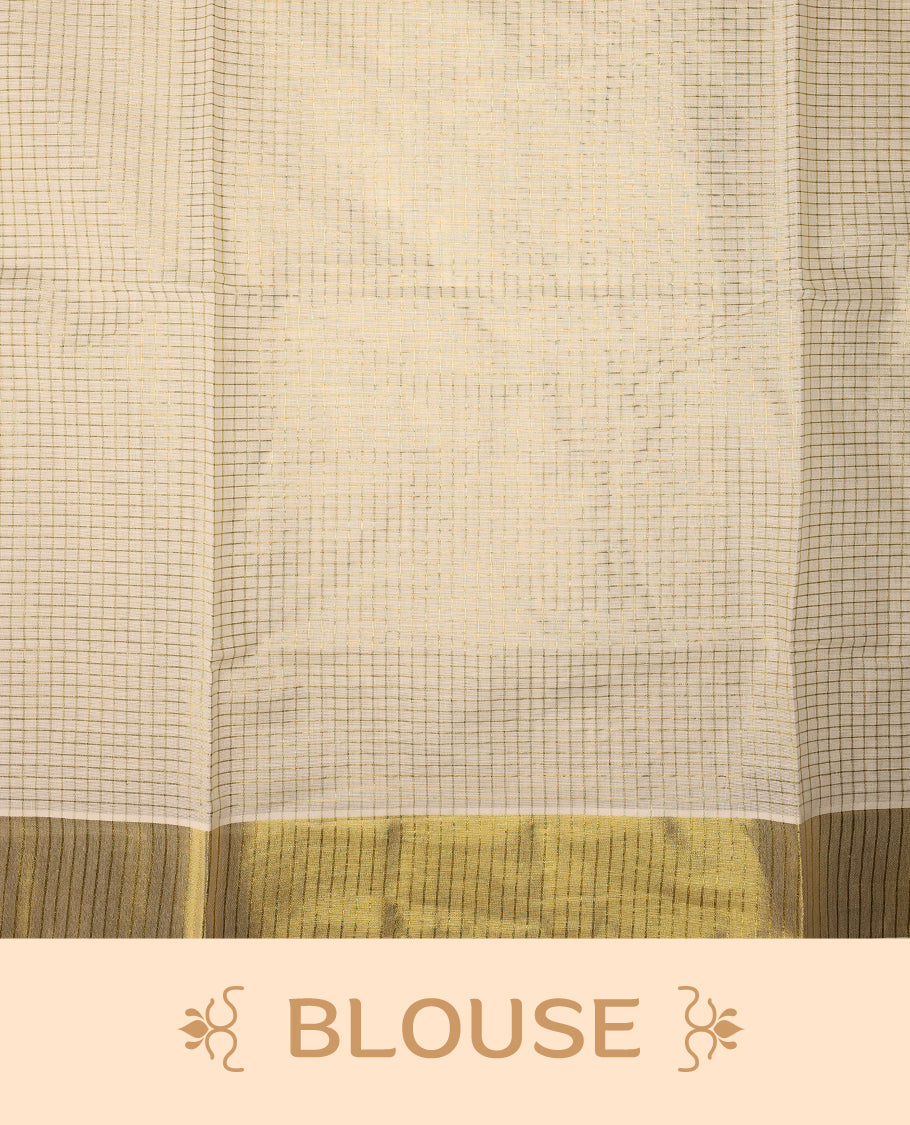 Elegant Off-white colour cotton Kerala saree with golden Peacock motifs on body, Gold zari kazavu border, Rich Pallu paired with matching blouse.