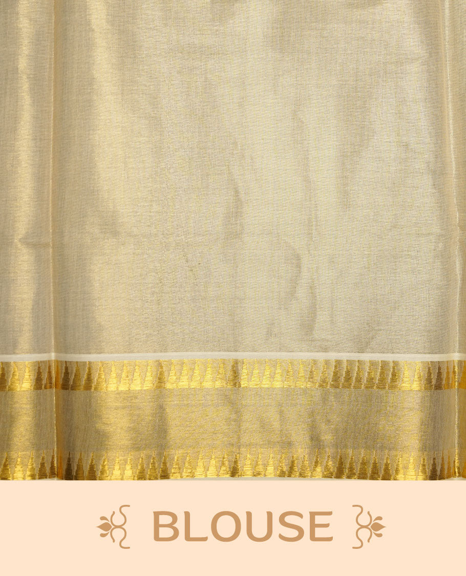 Elegant off-white Kerala saree featuring subtle gold zari buttas across the body, a refined kasavu border with traditional detailing, and a richly woven pallu, paired with a matching blouse