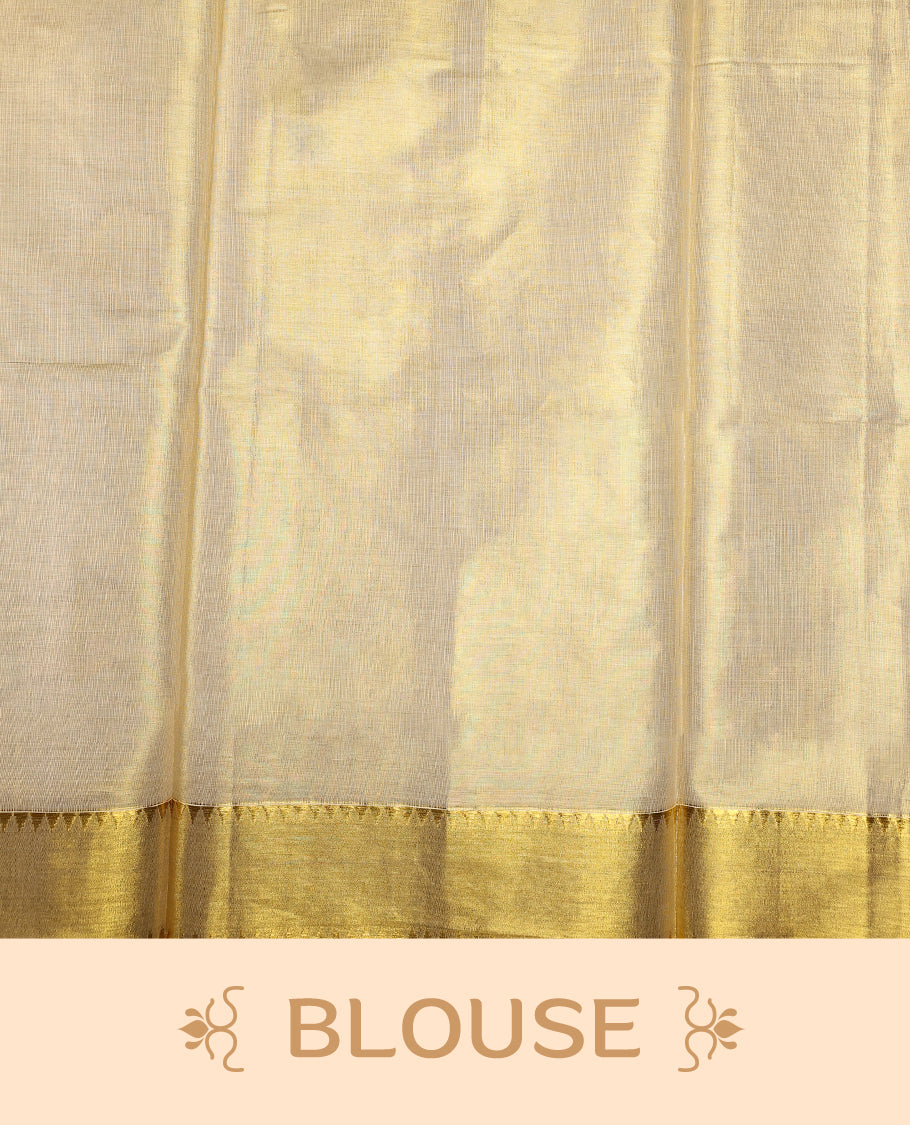 Elegant Light Gold colour Tissue Kerala saree featuring gold zari Chakram motifs on body, traditional golden zari kasavu border & Rich Pallu offering a classic and graceful look, paired with a matching blouse.