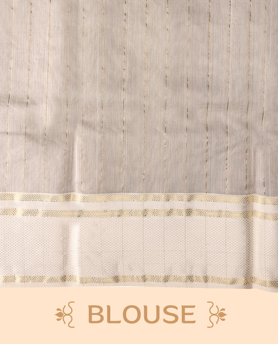 Purple coloured Maheshwari Cotton saree featuring  Antique Zari Leaf motifs across the entire body, complemented by a traditional White coloured border and a matching blouse.