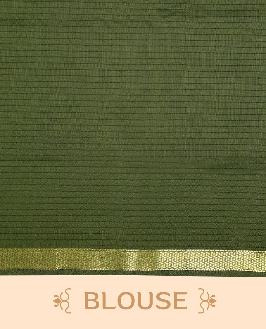 Deep Magenta colour chanderi cotton saree with fine striped body, mangalgiri border, grand pallu featuring Green and gold zari stripes, with matching blouse.