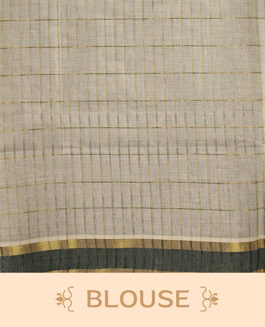 Elegant off white colour cotton Kerala saree featuring subtle golden checks, green & gold zari border, and rich striped pallu with tassels, offering a classic, graceful look &Pair with a matching blouse for charm.