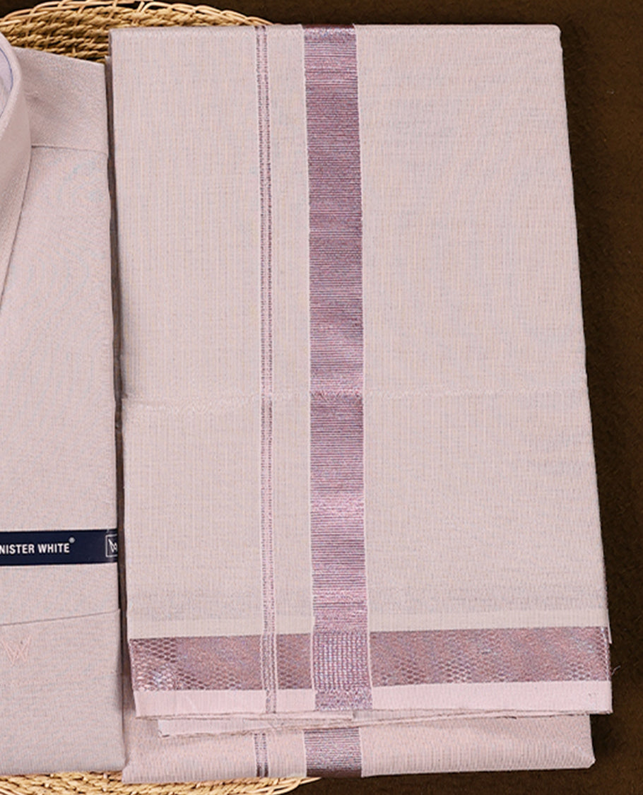 Elegant light pink tissue shirt and matching dhoti set with a refined texture and subtle sheen featuring a pink tissue zari border ideal for festive and formal occasions