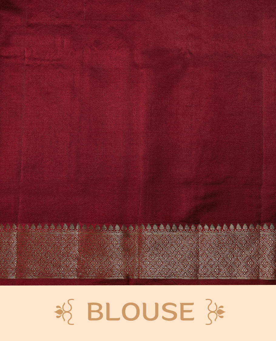 Peach Colour Pure Banaras Soft Silk Saree adorned with traditional antique zari motifs, paired with a hand dyed Maroon antique style border and a matching blouse.
