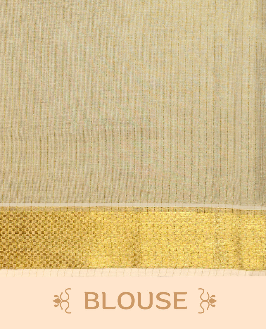 Kerala tissue saree features intricate golden zari work woven into delicate stripes and bold borders with Matching Blouse
