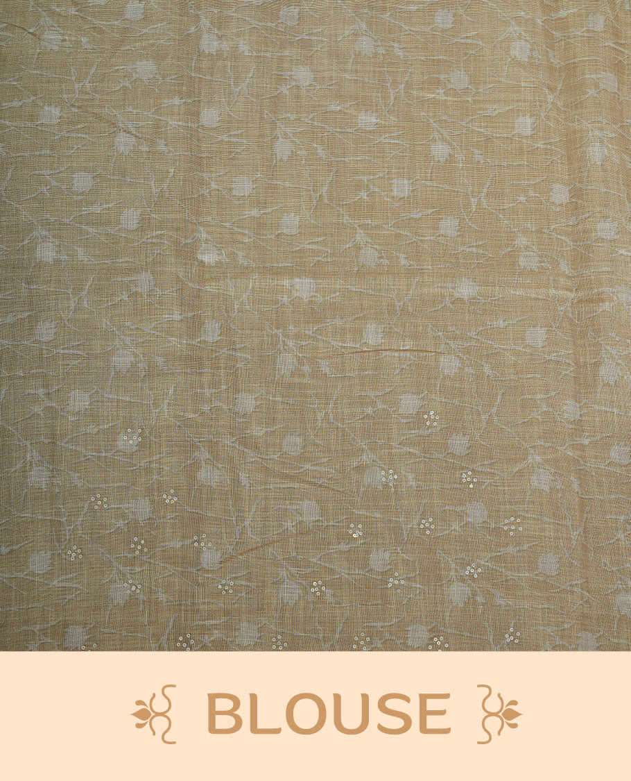 Cream colour linen silk saree featuring Light green colour fade border with floral beats pattern around floral print across body without border, pallu and matching blouse piece.