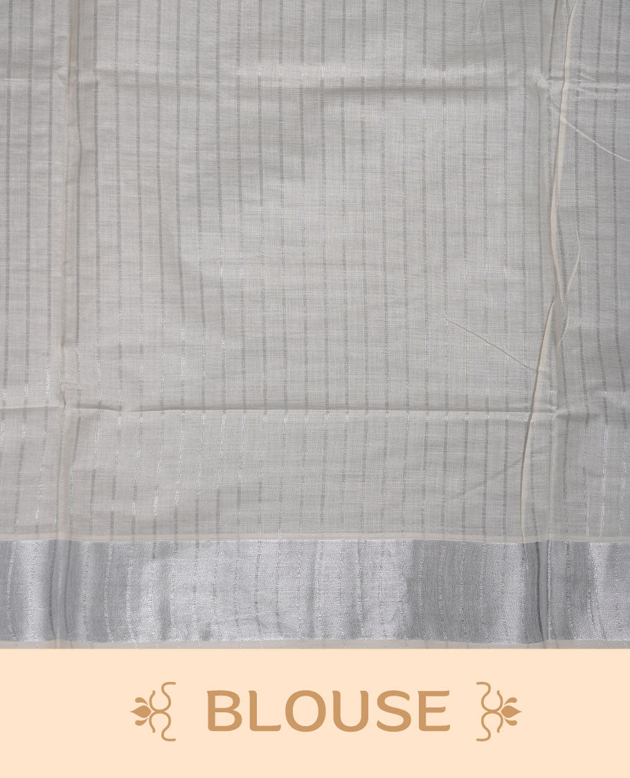 Off-white colour cotton Kerala saree featuring a silver line pattern, finished with an elegant silver kasavu border along the edges and pallu, and paired with a matching blouse.