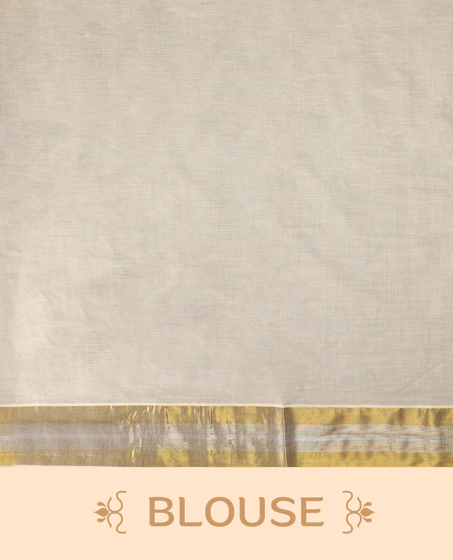 Off white colour Kerala cotton saree featuring vibrant peacock & floral prints, enhanced with a traditional golden kasavu border and A festive ready drape paired with a matching blouse, perfect for graceful celebrations.