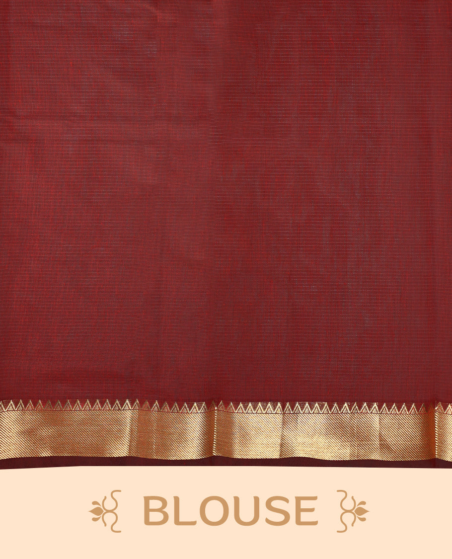 Maroon colour Chanderi cotton saree featuring a subtly textured body with delicate buti work, complemented by a rich golden zari border with matching blouse