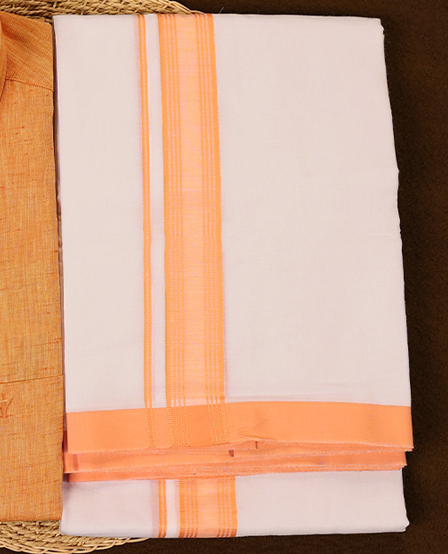 Deep Orange cotton shirt with classic collar and button down style, paired with a traditional white dhoti featuring a matching orange woven border, perfect for festive and cultural occasions.
