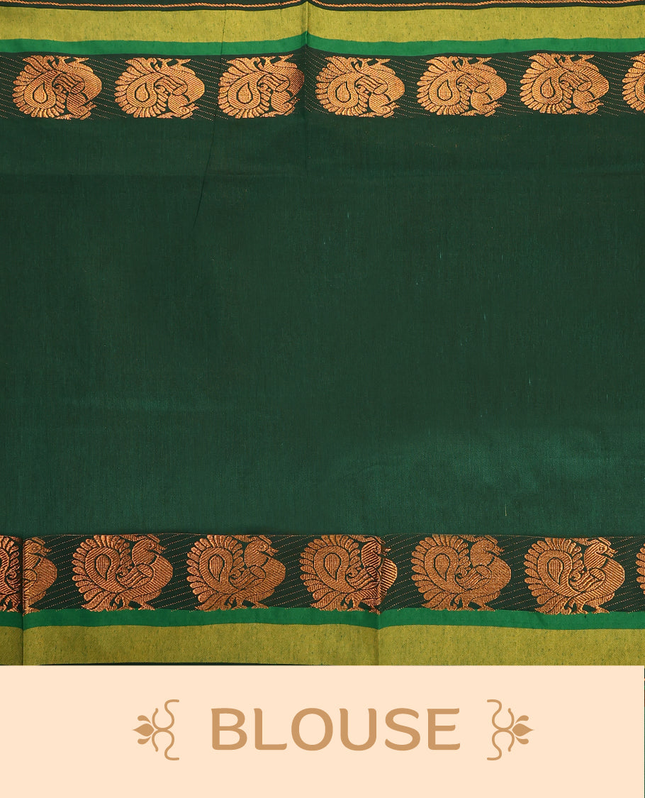 Lavender pink and Dark Green Kalyani cotton saree featuring intricately woven golden peacock and paisley motifs across the border and pallu, highlighted with a zari finish, and paired with a matching blouse.