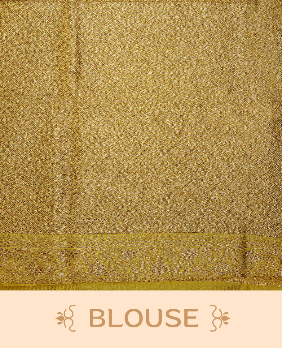 Dark Mustard colour semi Banaras tussar georgette saree embellished with antique zari flower motifs across the body, complemented by a rich Banaras border and paired with a matching blouse.