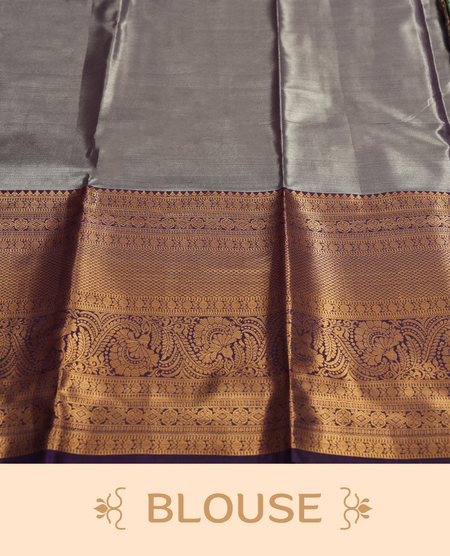 Aqua green colour and Antique gold Zari Tissue Brocade Saree features intricate floral Motifs on body and rich violet colour border & pallu with traditional patterns paired with matching blouse