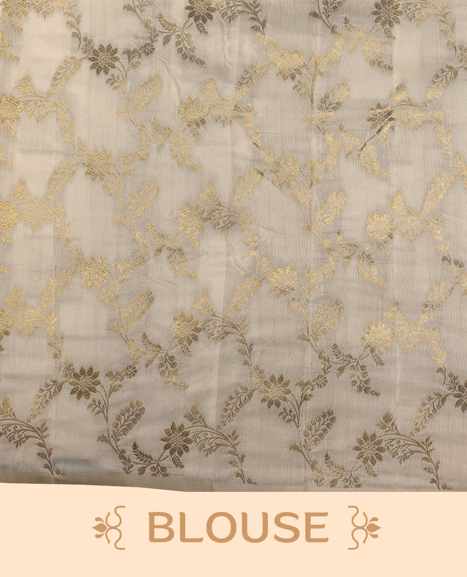 Elegant white colour soft  Tussar Kerala saree featuring Stripes and Lotus detailing on body, Gold kasavu border, Rich Pallu, offering a classic and graceful look, paired with a matching blouse.