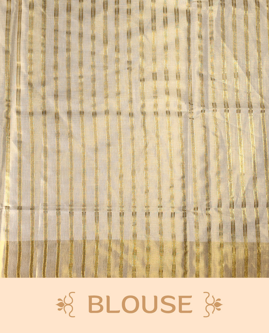 Elegant off white Kerala tissue saree with golden stripes, adorned with multicolor butterfly and floral motifs, and finished with a rich golden zari border with kodi prints perfect for a festive, graceful look with matching blouse.