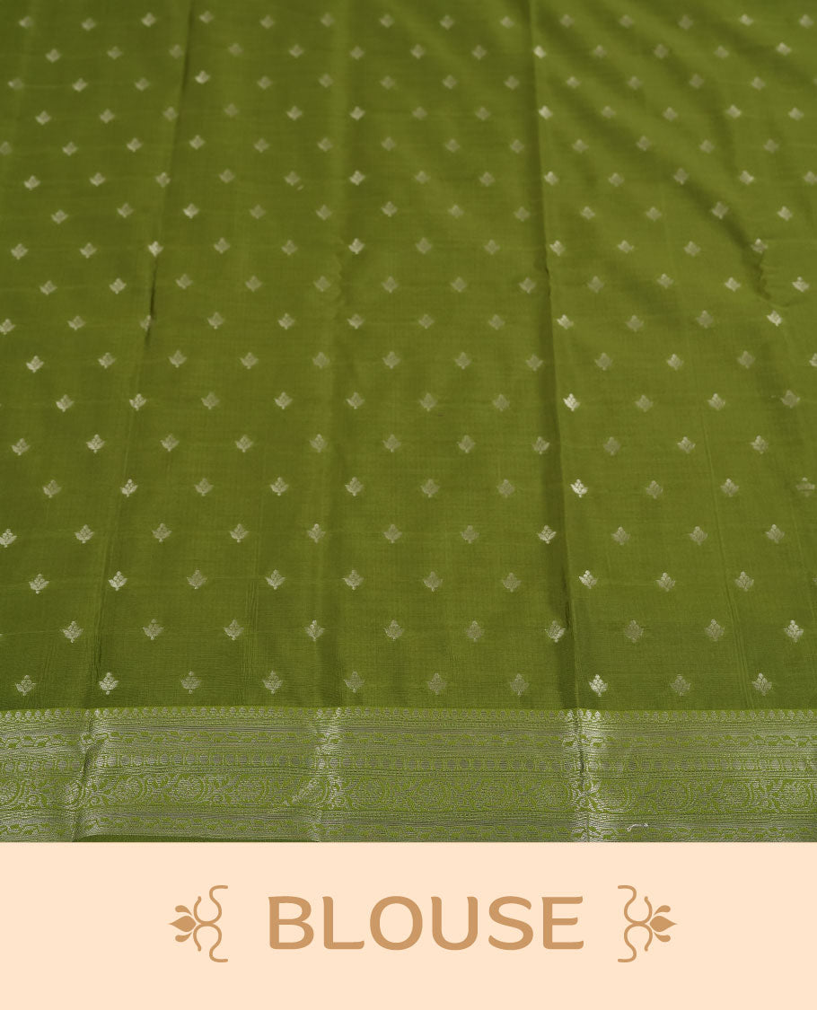 Pistachio Green colour Semi Silk Saree with Allover Subtle Floral Self-Weave on the Body, Contrasting Light Lime Zari Woven Pallu and Border Featuring Intricate Geometric Motifs and Tassels, Paired with Coordinated Blouse Piece