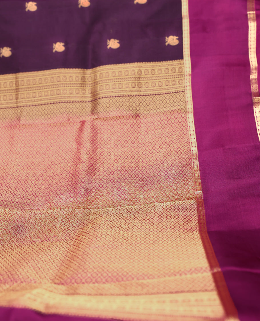 Dark Grape Colour Vasundhara Silk Saree having Peacock Buttas in Body with Contrast Colour Border and Blouse