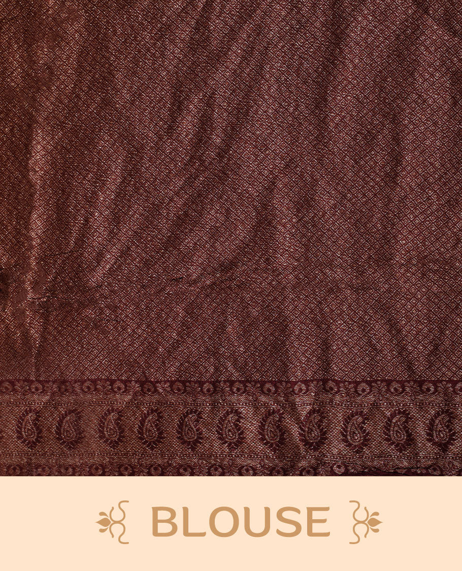 Deep Brown colour Banarasi Bandhani silk saree featuring with intricate orange colour circle motifs on body, complemented by antique zari woven border and grand pallu, paired with matching  blouse