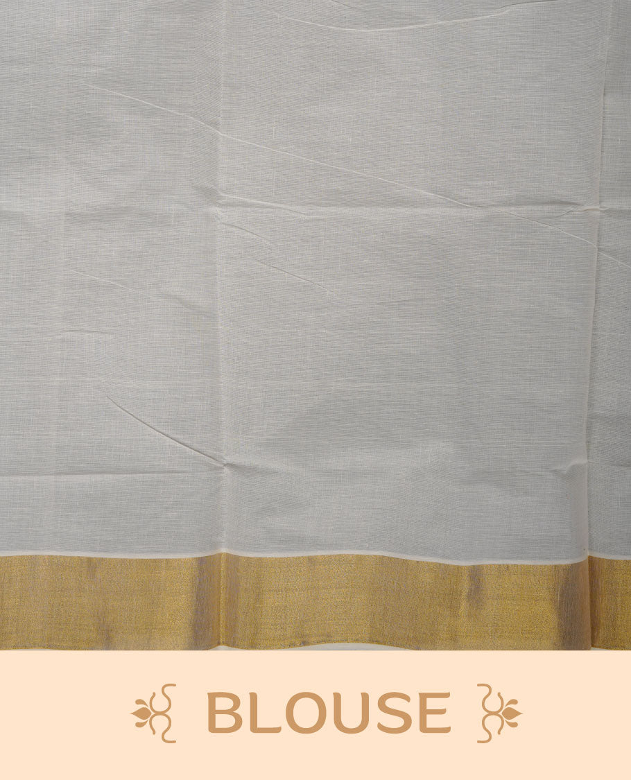 Off-white colour cotton Kerala saree crafted in a soft, sheer weave, finished with a classic rich gold kasavu border along the body and pallu, and paired with a matching blouse.