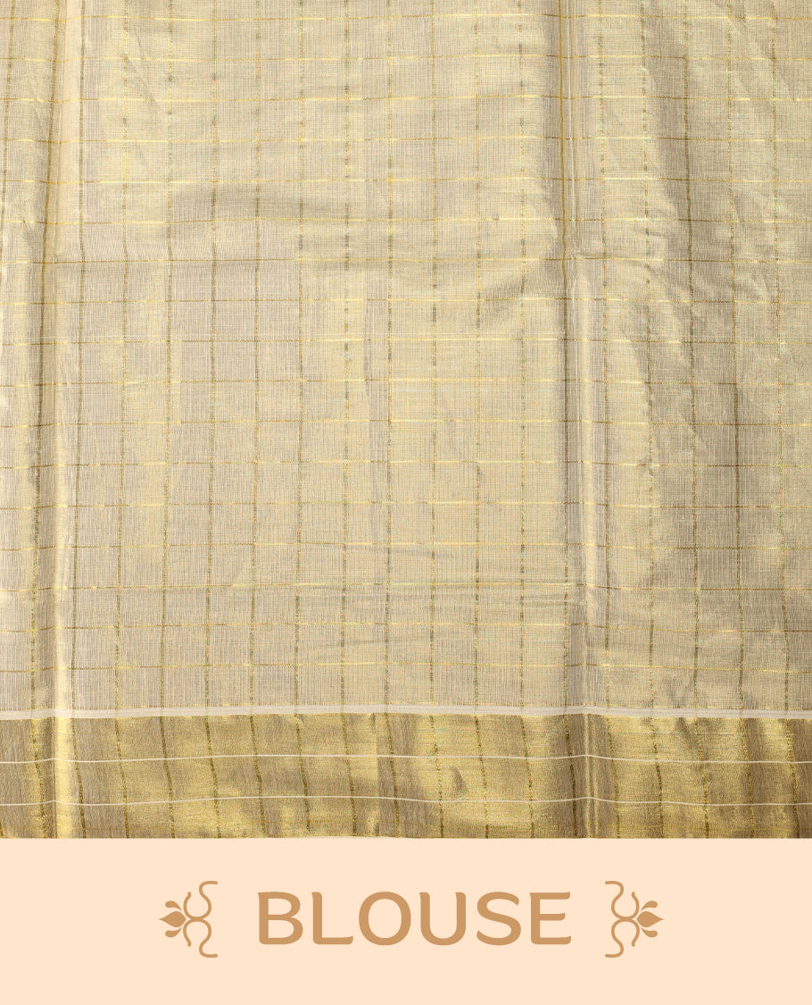 Light Gold colour Tissue Kerala saree featuring Peacock with lady print work on checked body and a beautifully woven Gold Kasavu border, paired with a matching blouse perfect for festive occasions.