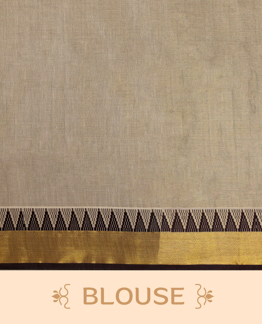 Elegant Light Gold colour Tissue Kerala saree featuring Plain body and traditional golden zari kasavu border with chocolate colour temple work offering a classic and graceful look, paired with a matching blouse.