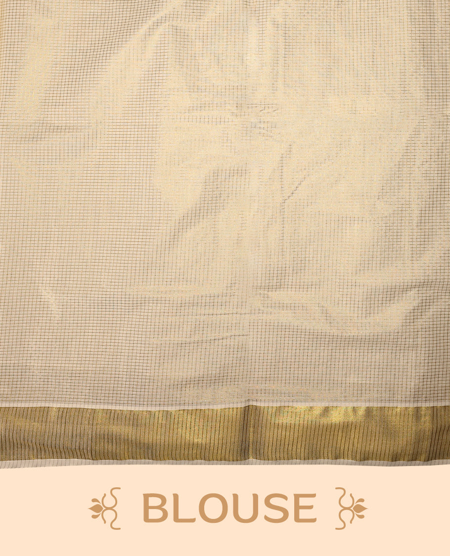 Elegant off white colour cotton Kerala saree featuring Tiny Checked body, gold zari traditional kasavu border offering a classic and graceful look, paired with a matching blouse.