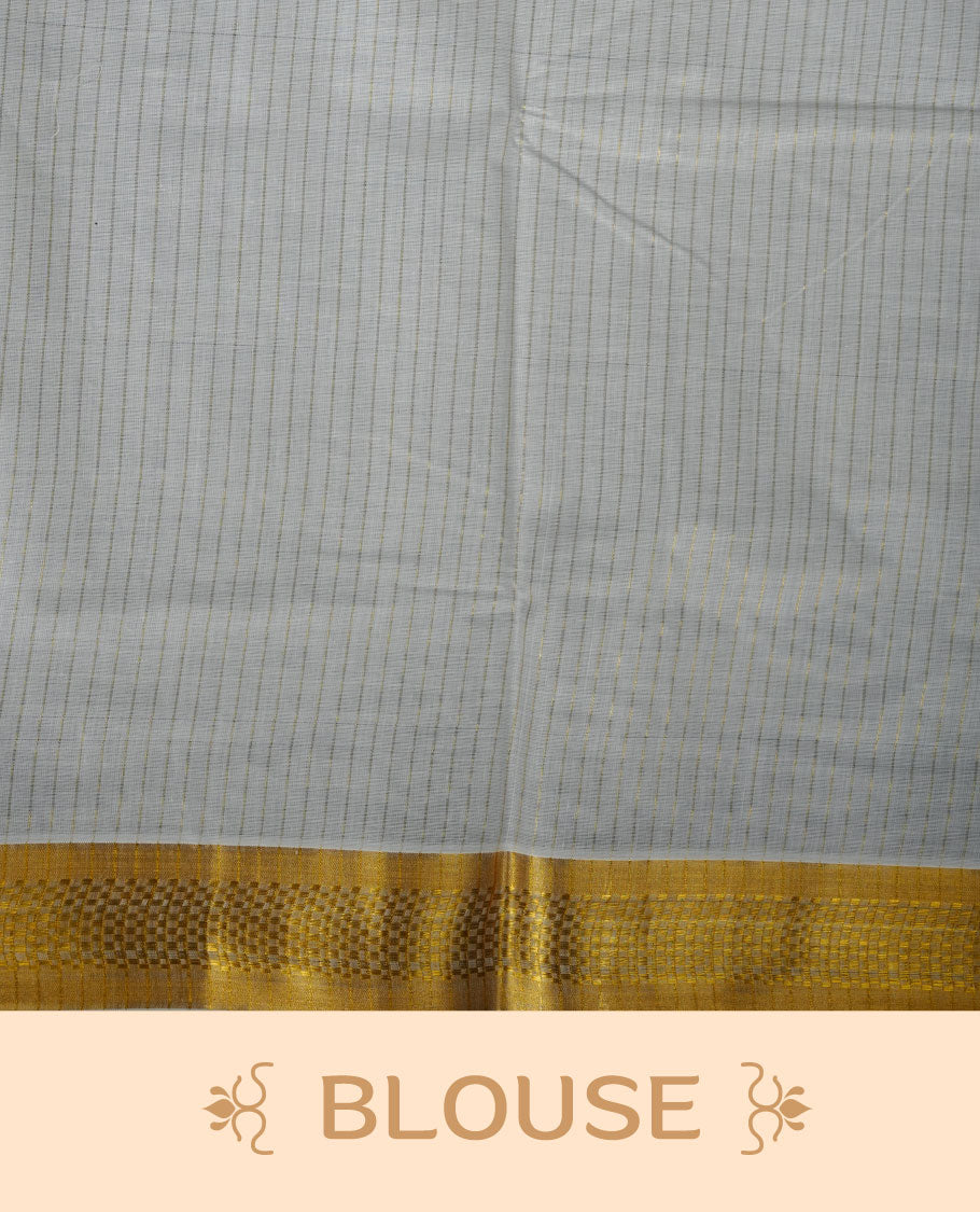 Off-white colour Kerala cotton saree with fine striped texture, rich golden zari border, and traditional motif pallu, paired with a matching blouse.