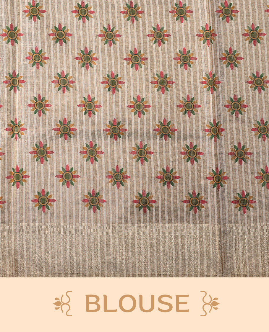 Light gold colour Organza Kerala saree featuring  a sheer, smooth body, light Kasavu border, Kathakali printed pallu, Comes paired with a coordinated matching blouse.