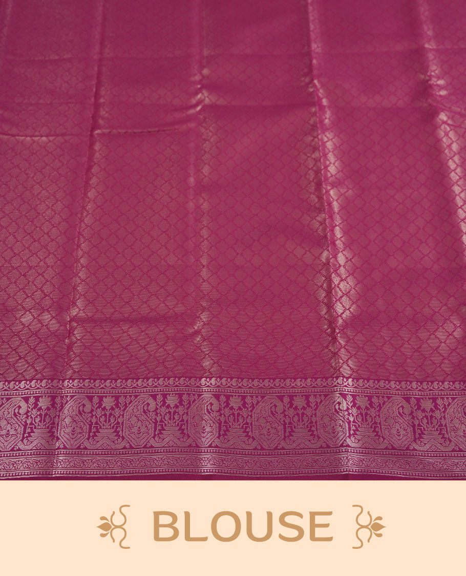 Blush Pink colour Semi Silk Saree with Self-Checked Geometric Patterns on the Body, Contrasting Plum Purple Zari Woven Pallu and Border Featuring Intricate Motifs and Tassels, Paired with Coordinated Blouse Piece