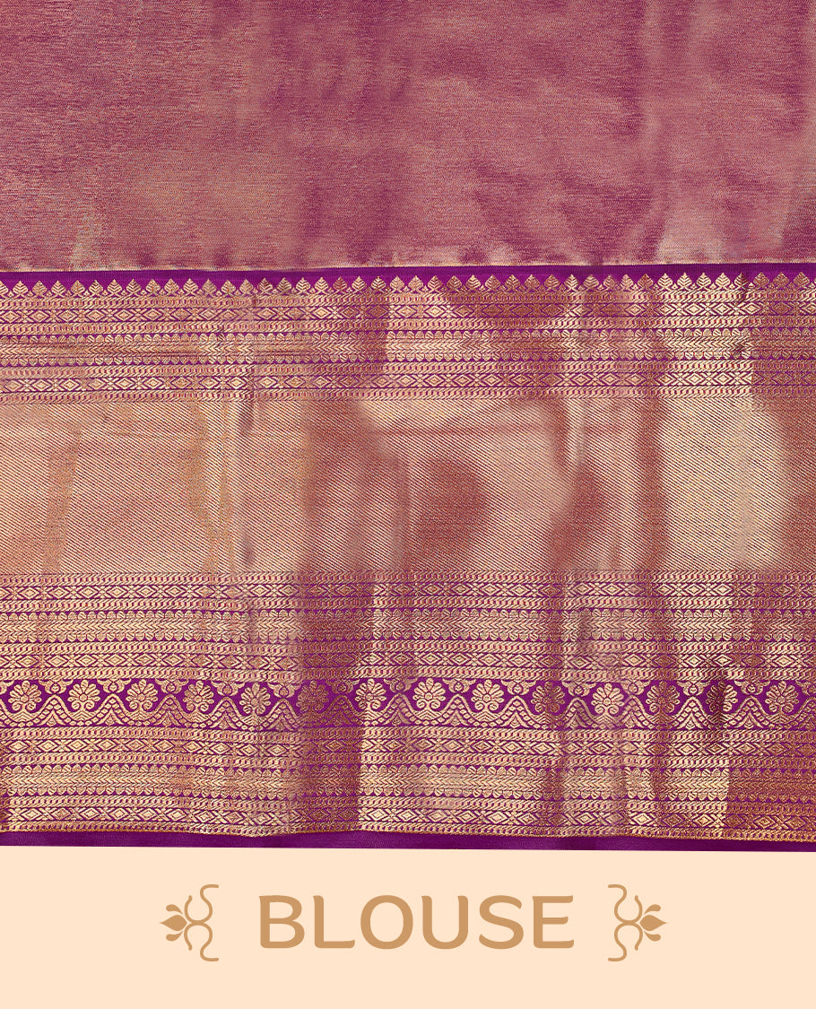 Golden Colour Tissue Semi Silk Saree having Silver Zari Worked Body and Blouse with Purple Border