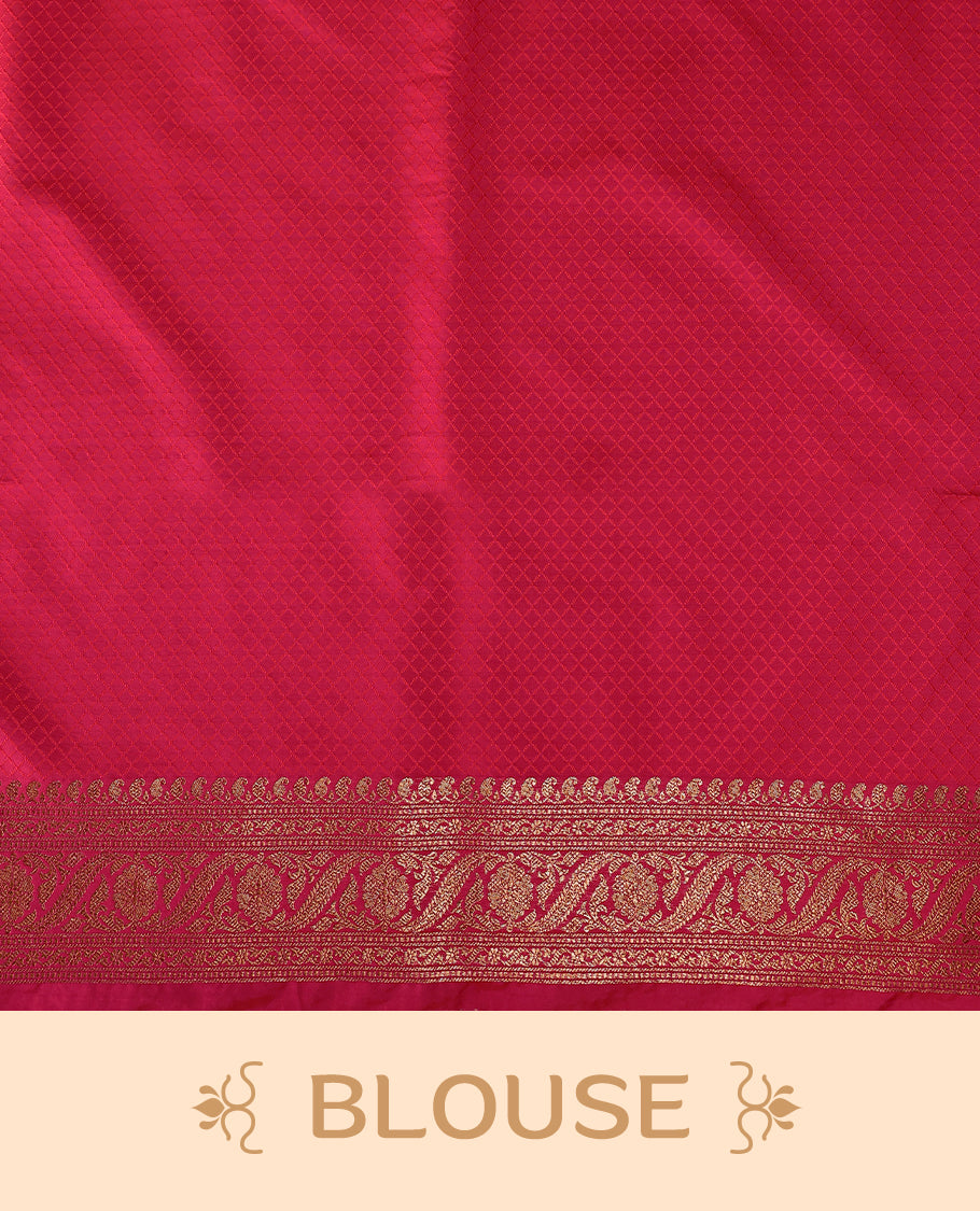 Rani pink colour semi Banaras Katan silk saree featuring intricate Antique Bronze zari floral and vine patterns woven throughout the body, enhanced with a rich traditional border and detailed pallu, paired with a matching blouse piece.