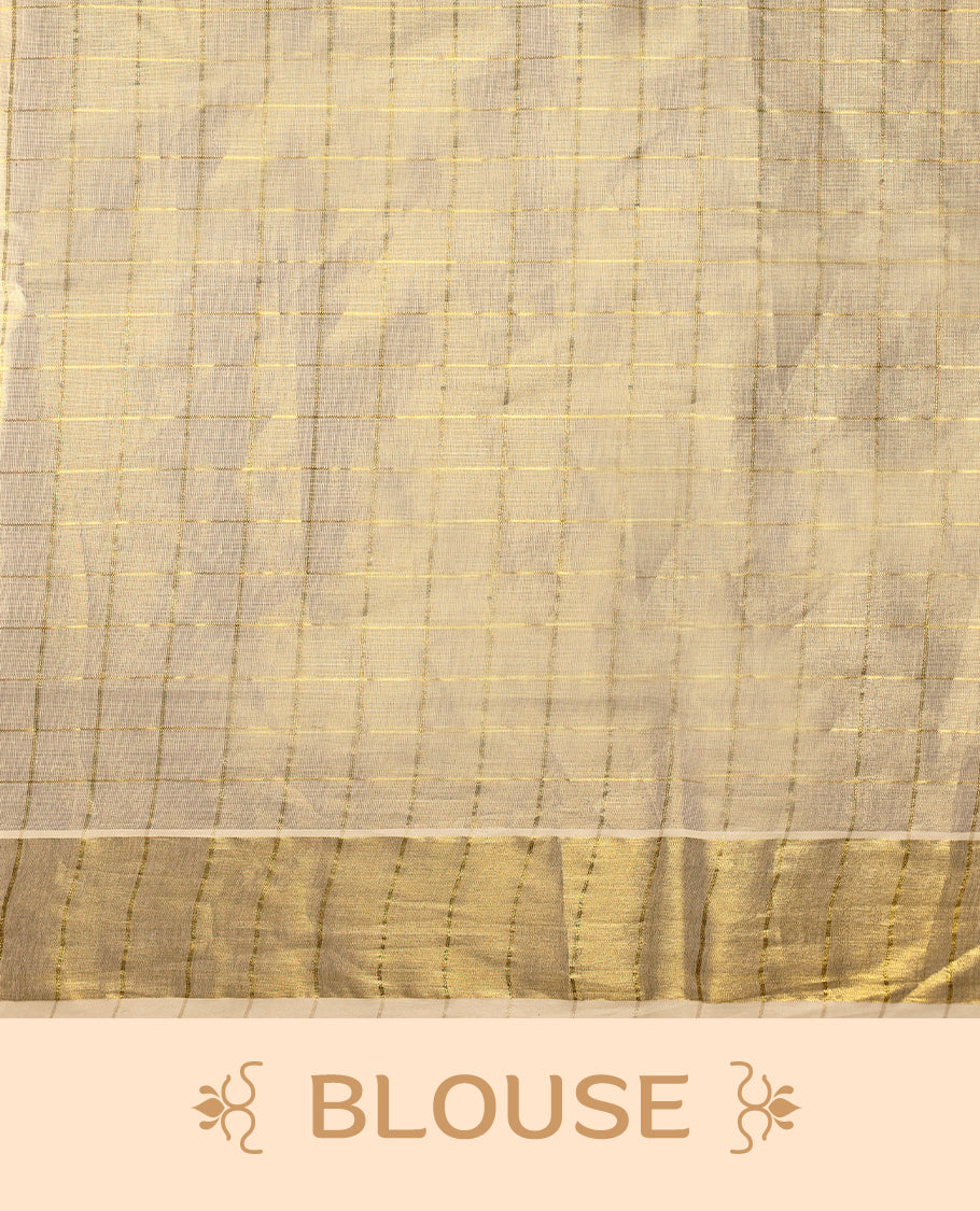 Light Gold colour Tissue Kerala saree featuring Kerala traditioal Prints on checked body and a beautifully woven Gold Kasavu border, paired with a matching blouse perfect for festive occasions.