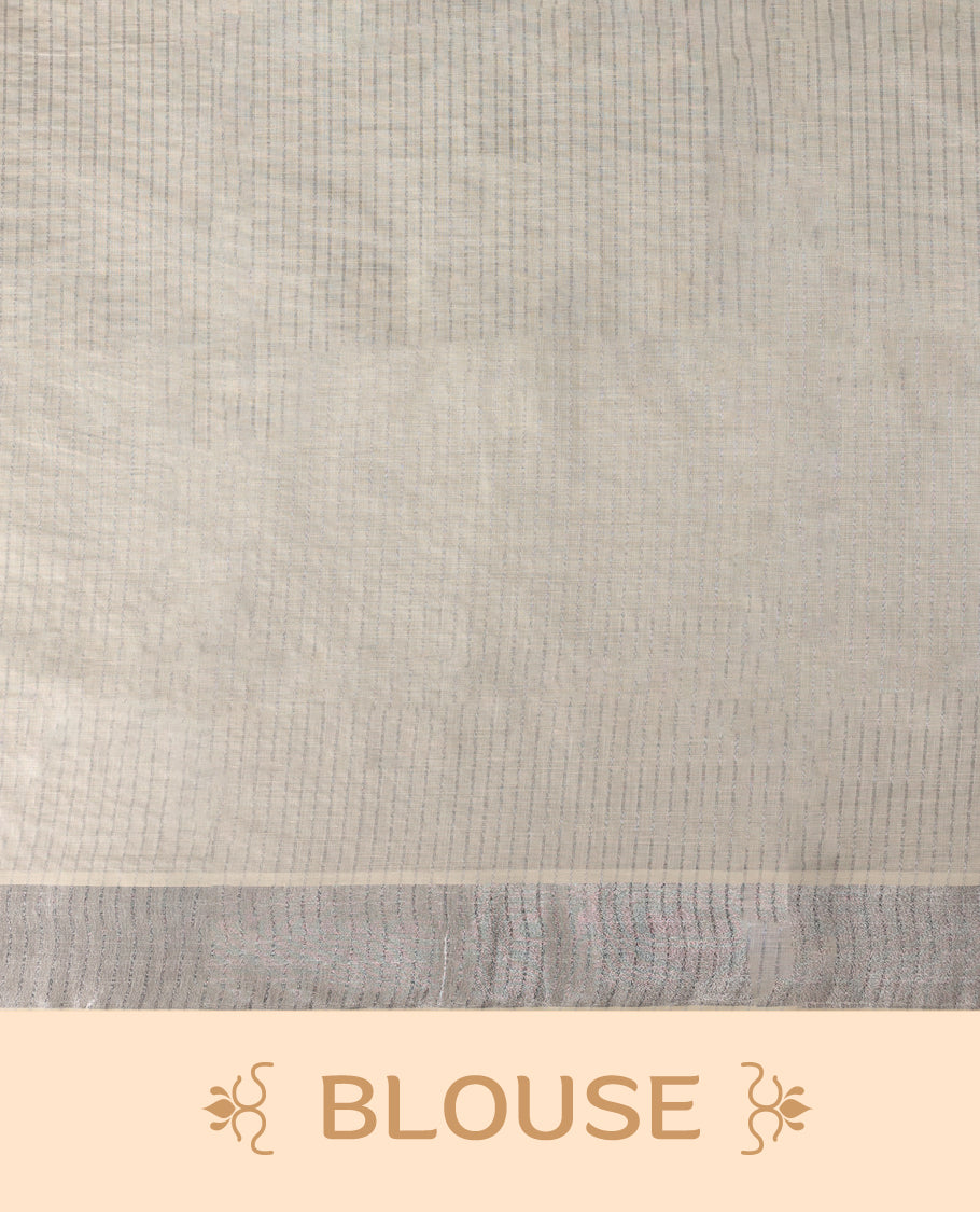 Elegant off white colour cotton Kerala saree featuring silver zari vertical stripes, sleek silver kasavu border & rich pallu, offering a timeless and graceful look and Pair with a matching blouse for festive elegance.