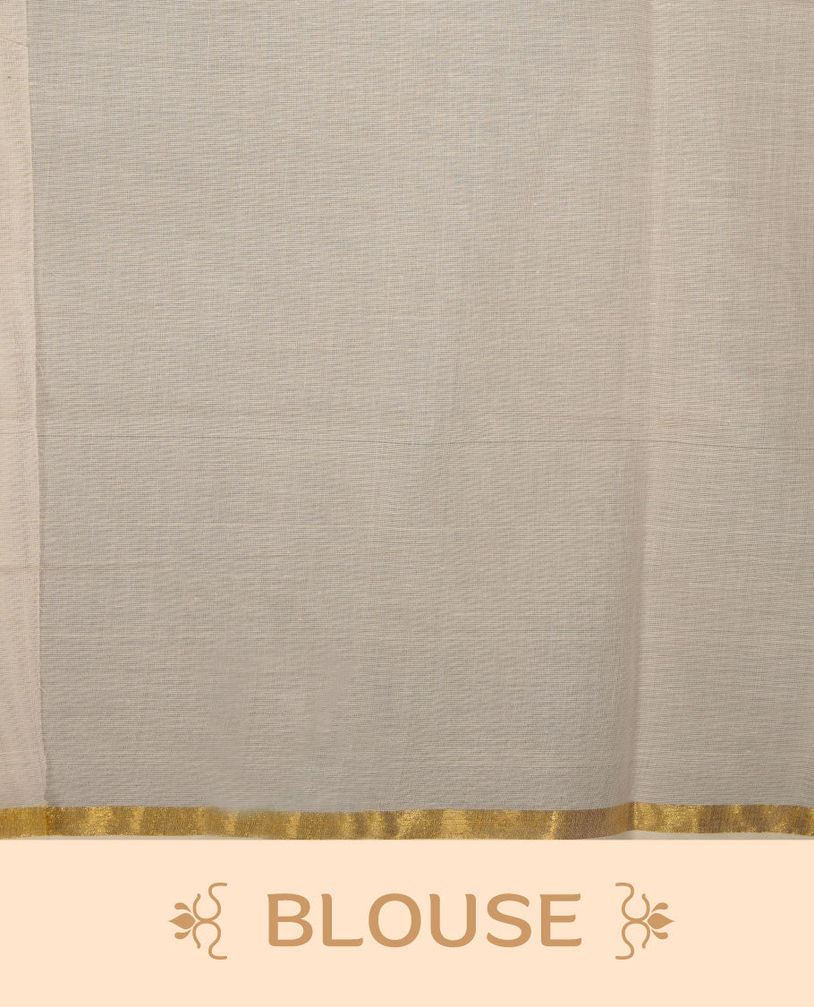 Off-white colour cotton Kerala saree with a subtle gold kasavu border, featuring a clean, plain body and airy texture, paired with a matching blouse.