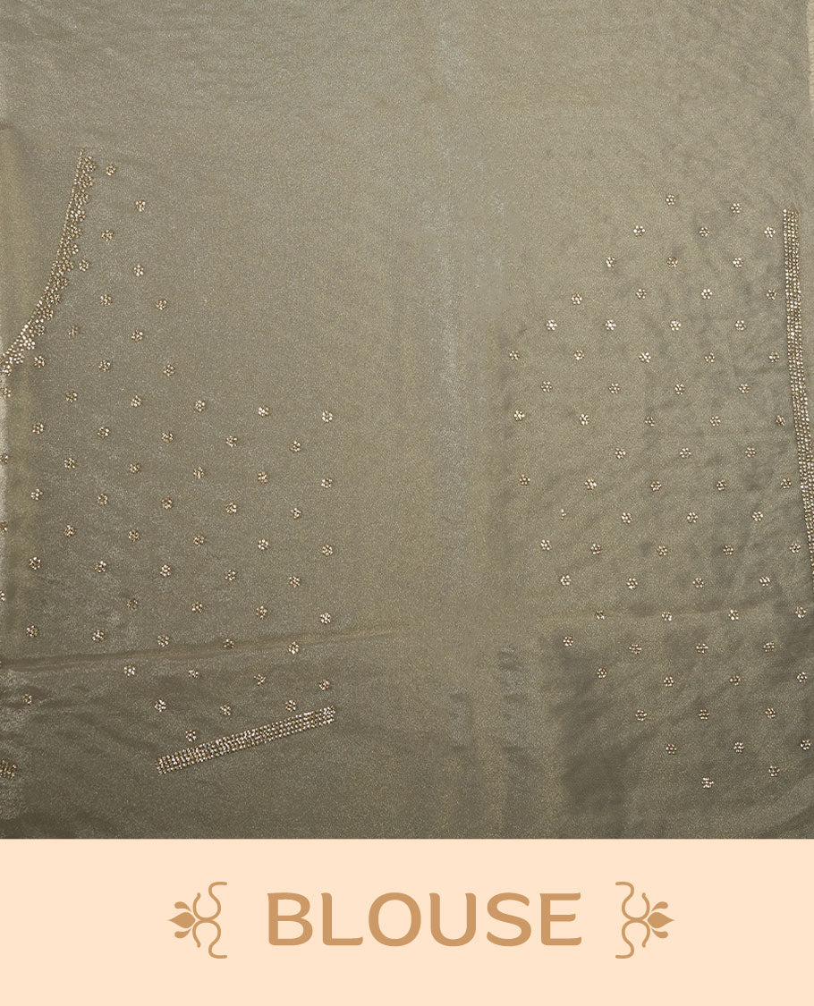 Beige colour net shimmer fancy saree adorned with gold stone buttas all over the body, paired with a delicate stone worked border, with matching blouse